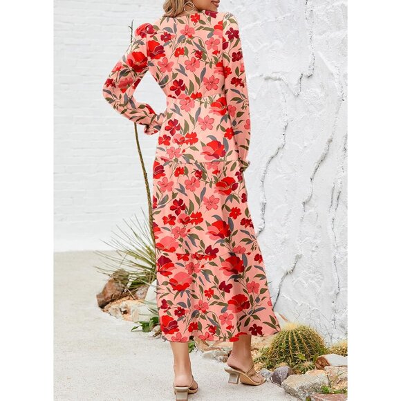 Chic Red V Neck Bohemian Maxi Dress - Long Puff Sleeves and Ruffle Cuffs - Picture 2 of 6